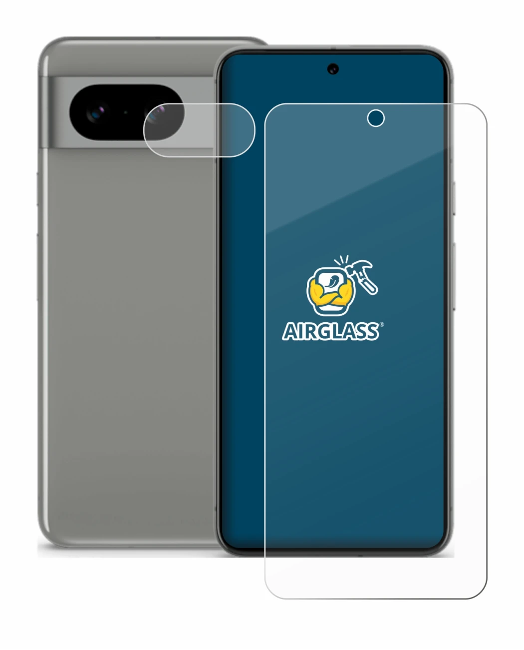 Immagine del dispositivo Google Pixel 8 (Fronte+Fotocamera) con un'ampia varietà di protezioni per lo schermo.