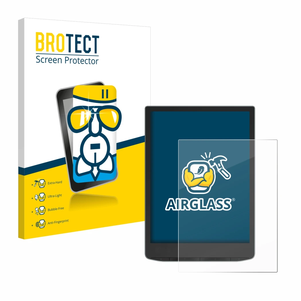 Parte frontale di una confezione del prodotto con il logo del marchio BROTECT. Accanto è raffigurato il dispositivo PocketBook