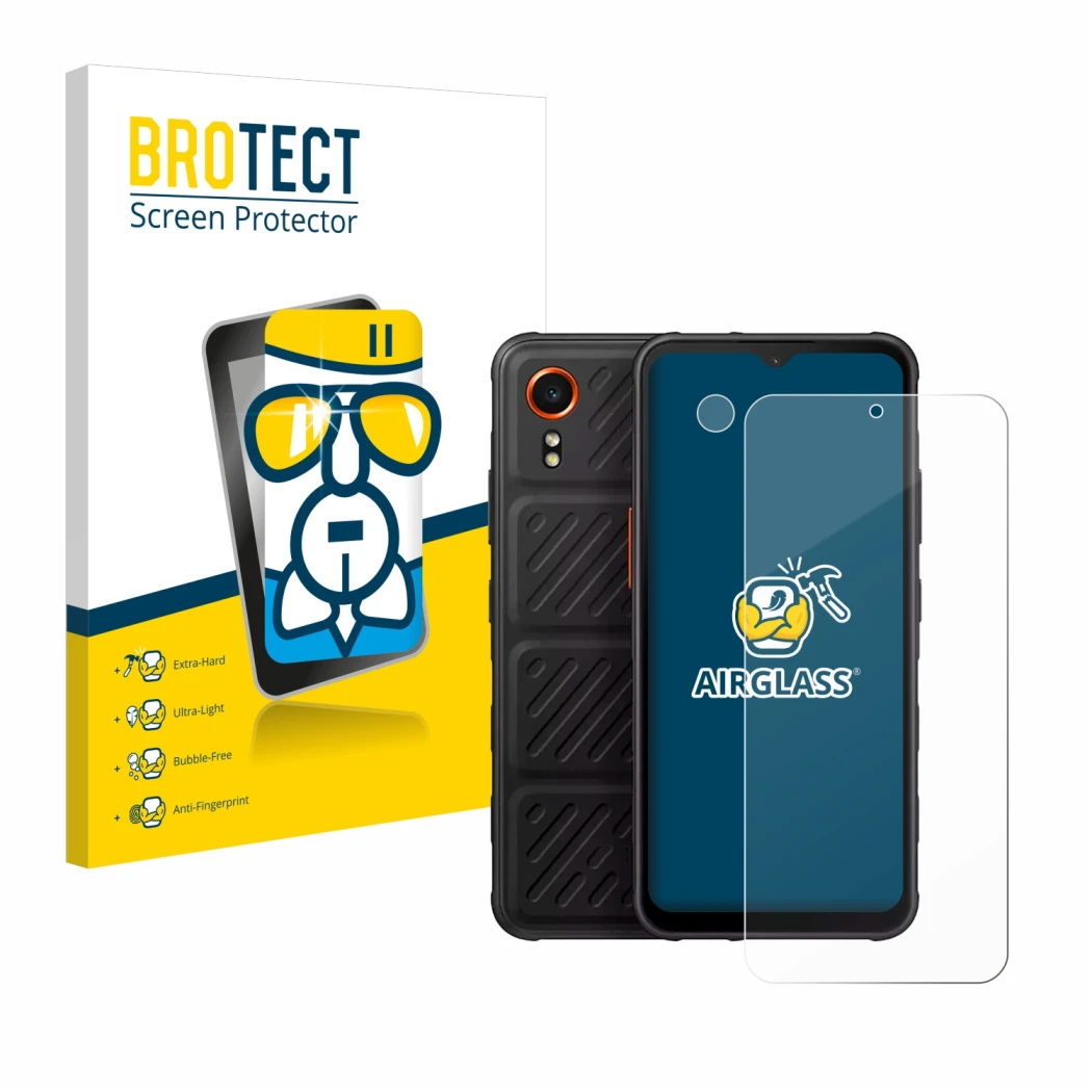 Parte frontale di una confezione del prodotto con il logo del marchio BROTECT. Accanto è raffigurato il dispositivo Samsung Ga