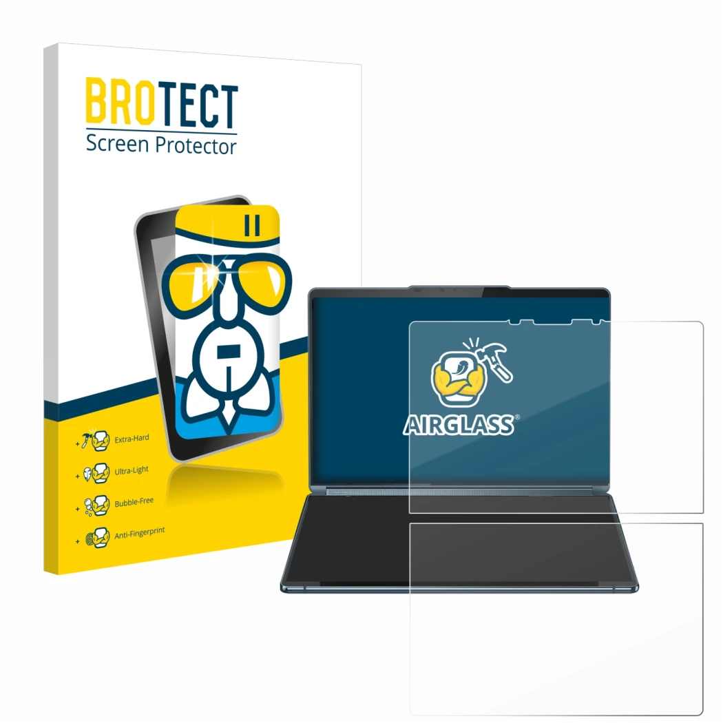 Parte frontale di una confezione del prodotto con il logo del marchio BROTECT. Accanto è raffigurato il dispositivo Lenovo Yog