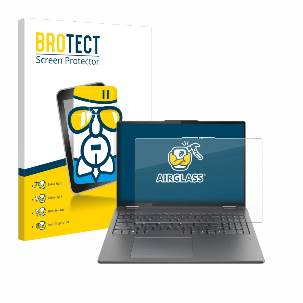 Parte frontale di una confezione del prodotto con il logo del marchio BROTECT. Accanto è raffigurato il dispositivo Lenovo Yog