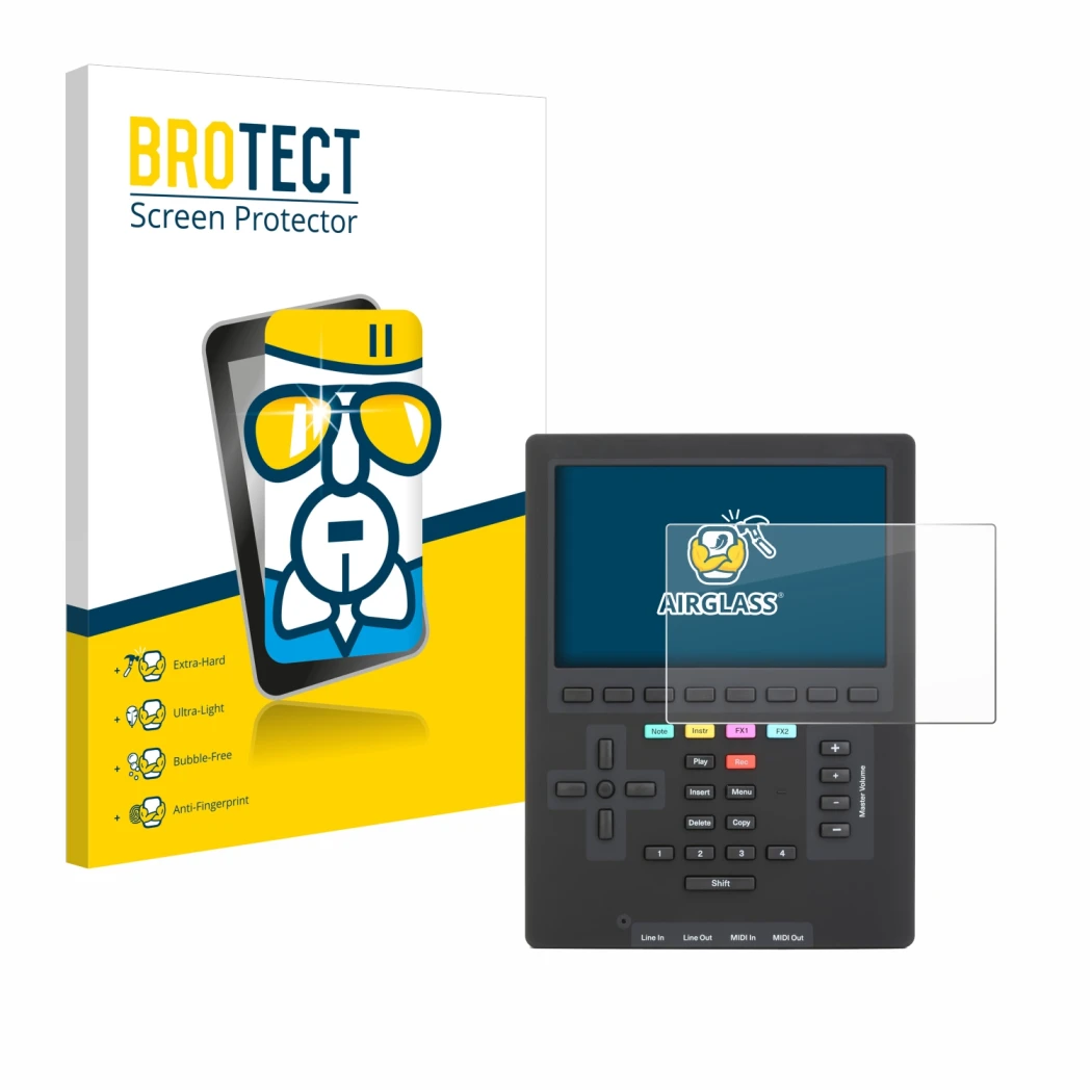 Parte frontale di una confezione del prodotto con il logo del marchio BROTECT. Accanto è raffigurato il dispositivo Polyend Tr