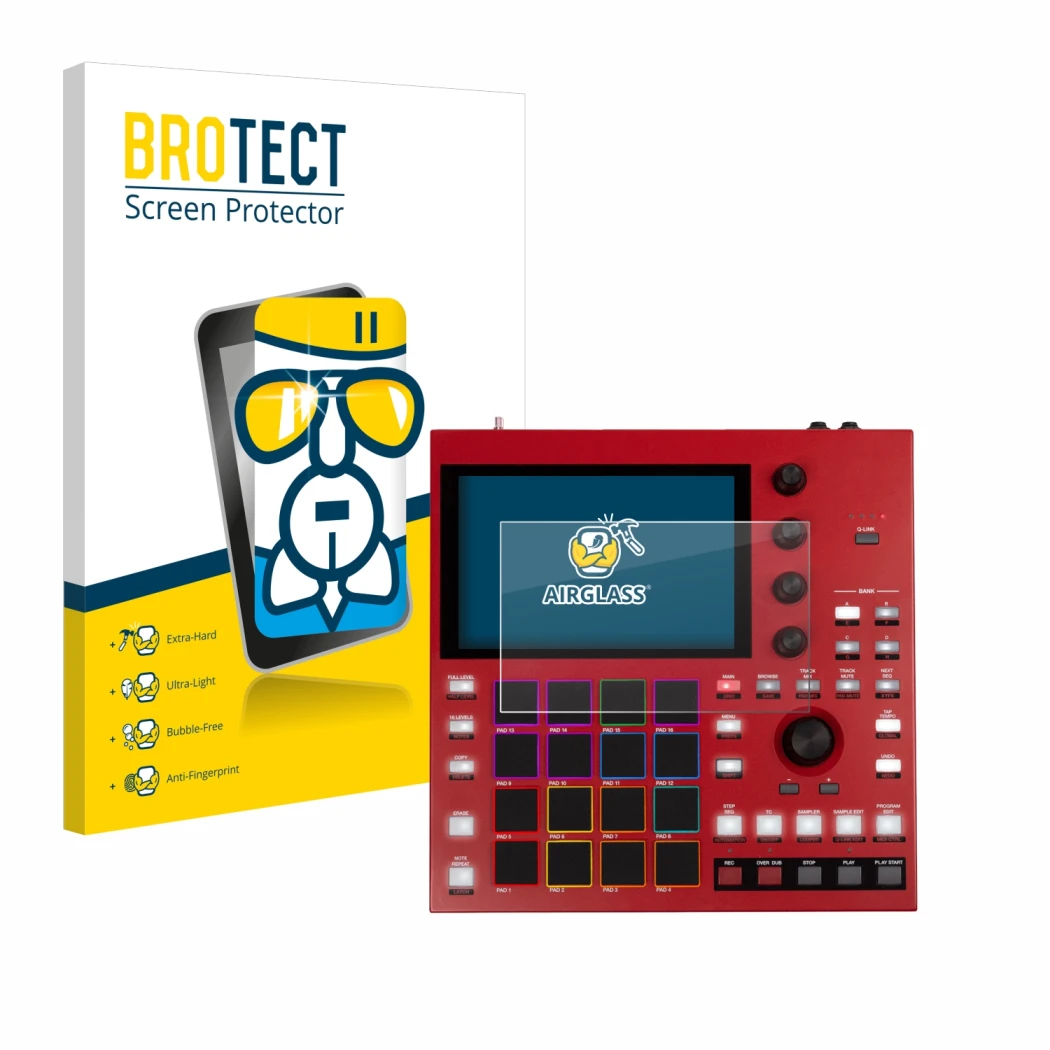 Parte frontale di una confezione del prodotto con il logo del marchio BROTECT. Accanto è raffigurato il dispositivo Akai MPC O