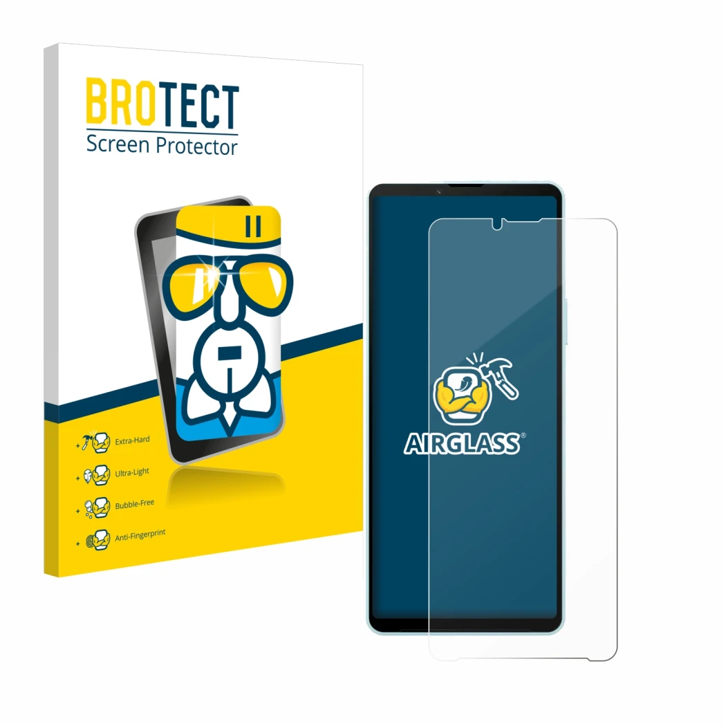 Parte frontale di una confezione del prodotto con il logo del marchio BROTECT. Accanto è raffigurato il dispositivo Sony Xperi