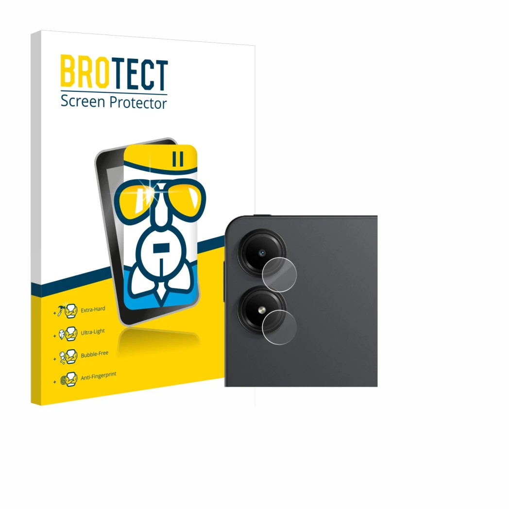 Parte frontale di una confezione del prodotto con il logo del marchio BROTECT. Accanto è raffigurato il dispositivo Xiaomi Red