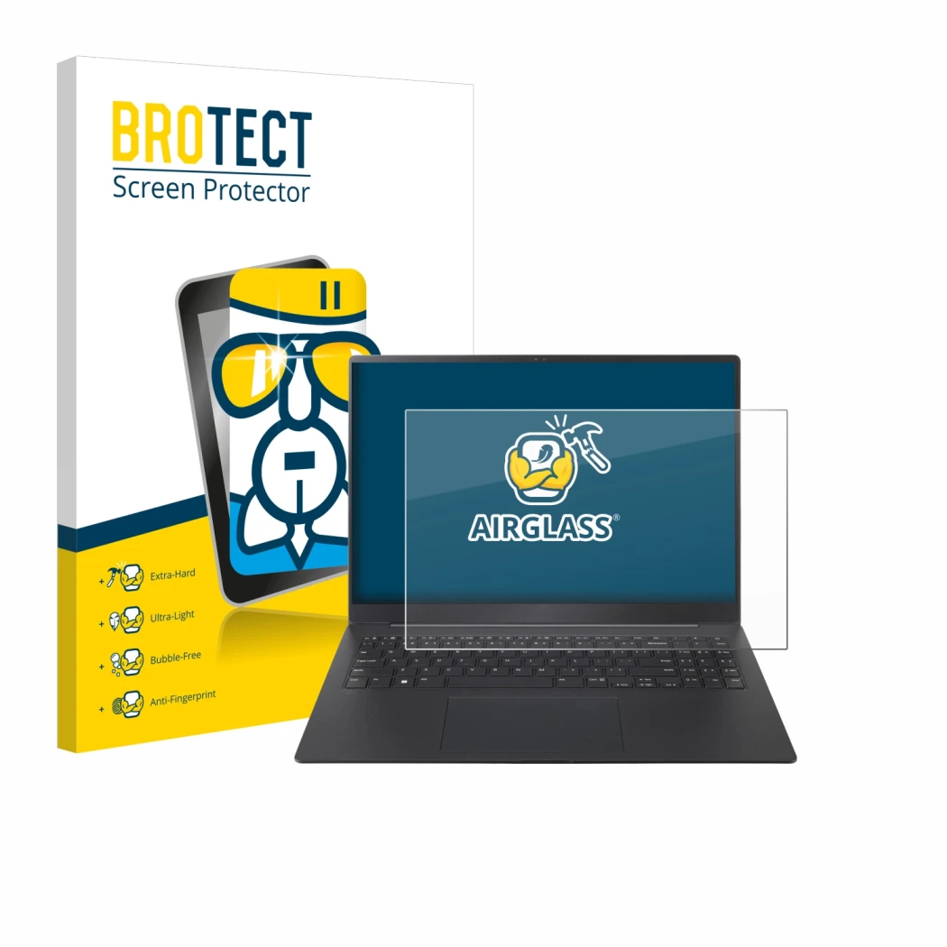 Parte frontale di una confezione del prodotto con il logo del marchio BROTECT. Accanto è raffigurato il dispositivo LG gram Pr