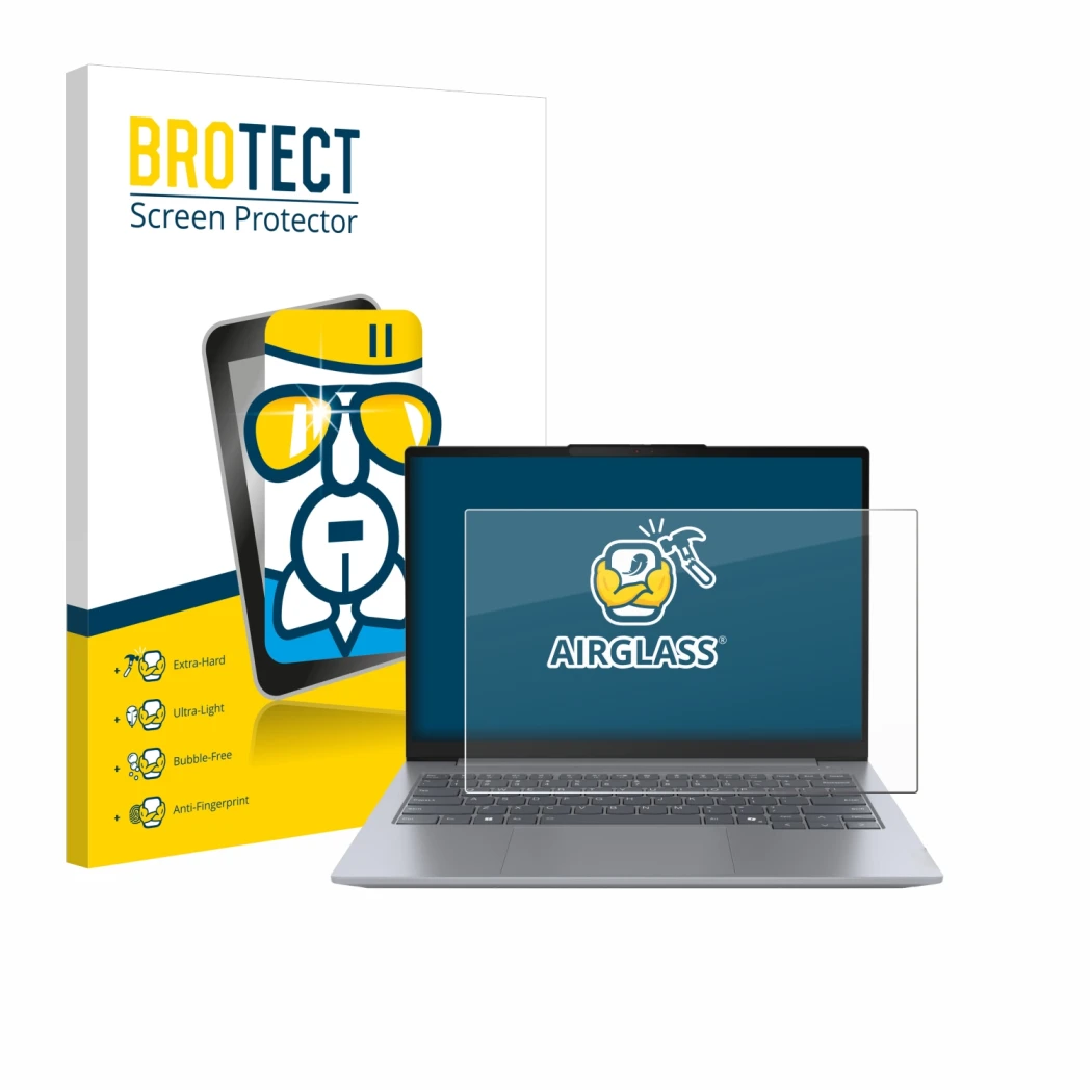 Parte frontale di una confezione del prodotto con il logo del marchio BROTECT. Accanto è raffigurato il dispositivo Lenovo Thi