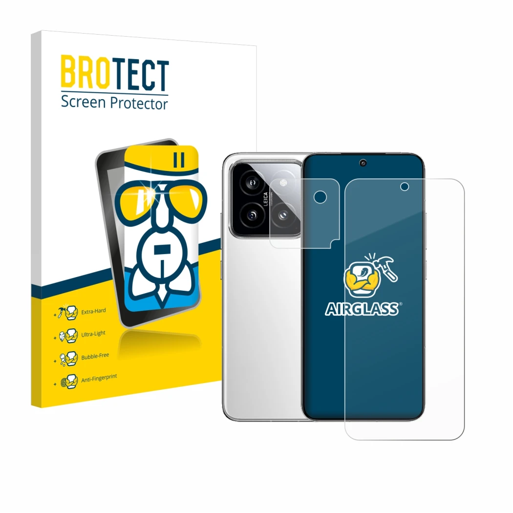 Parte frontale di una confezione del prodotto con il logo del marchio BROTECT. Accanto è raffigurato il dispositivo Xiaomi 14 