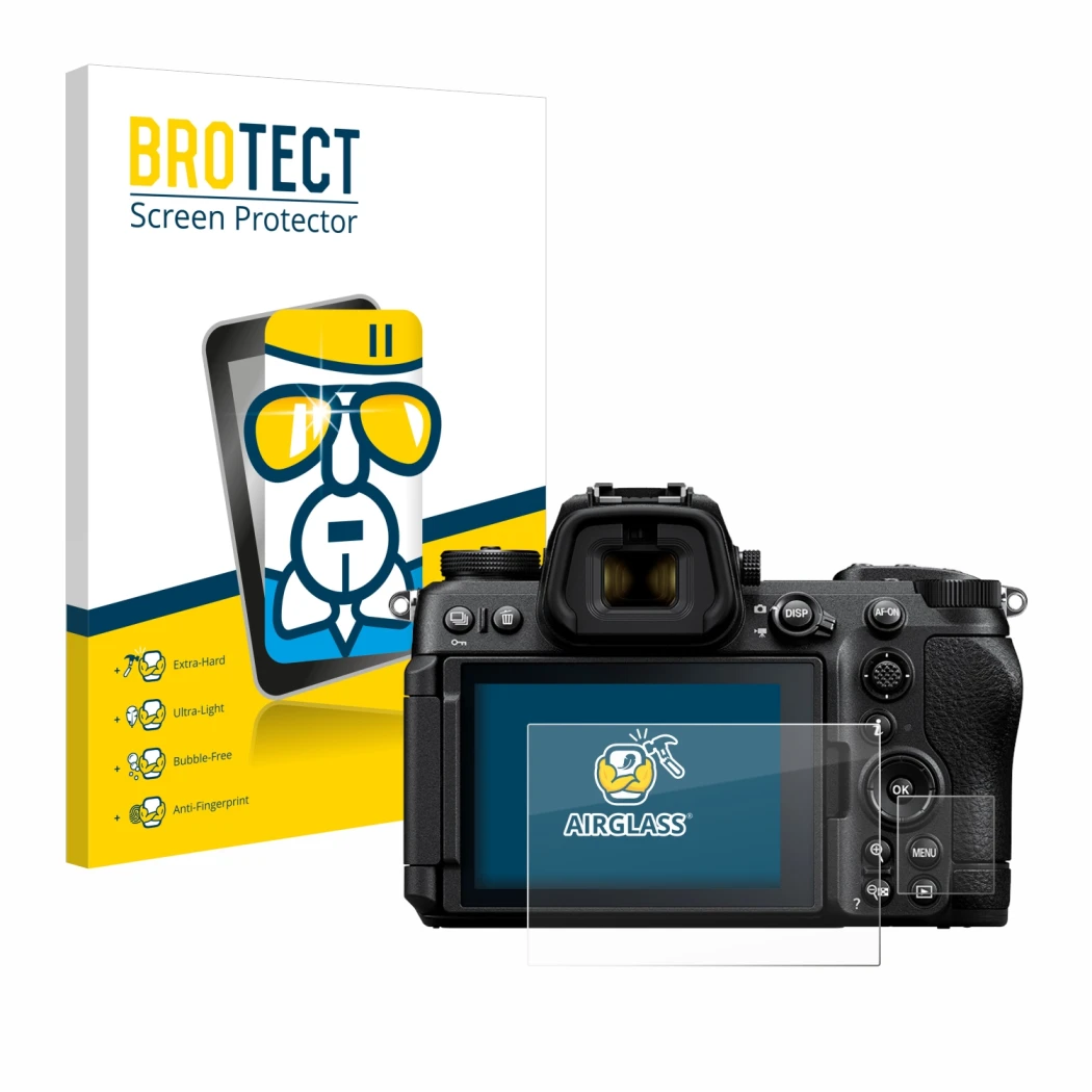 Parte frontale di una confezione del prodotto con il logo del marchio BROTECT. Accanto è raffigurato il dispositivo Nikon Z6 I