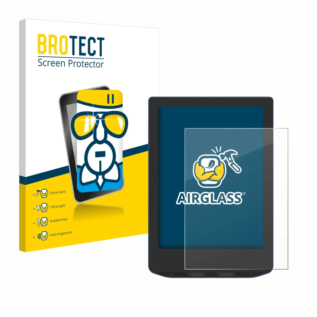 Parte frontale di una confezione del prodotto con il logo del marchio BROTECT. Accanto è raffigurato il dispositivo PocketBook