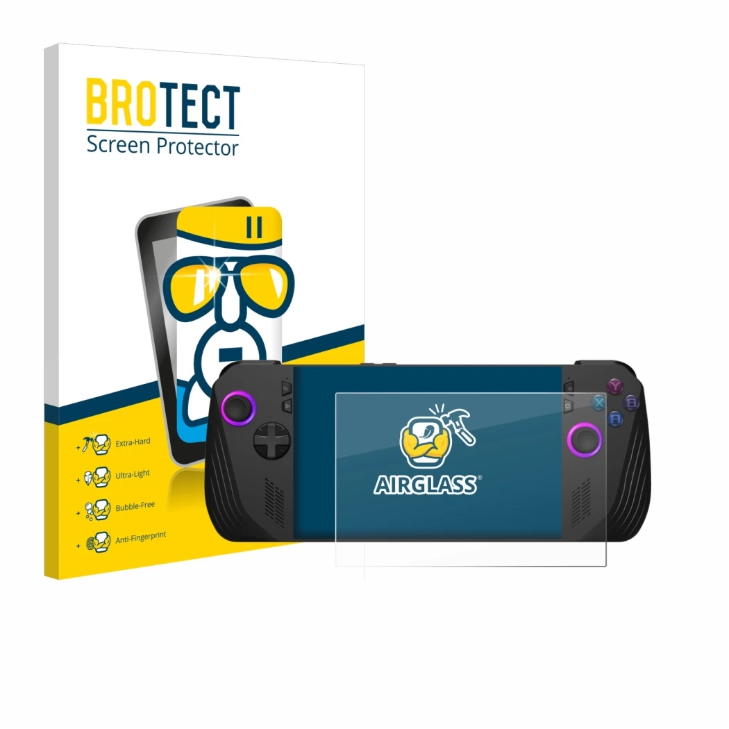 Parte frontale di una confezione del prodotto con il logo del marchio BROTECT. Accanto è raffigurato il dispositivo ASUS ROG A