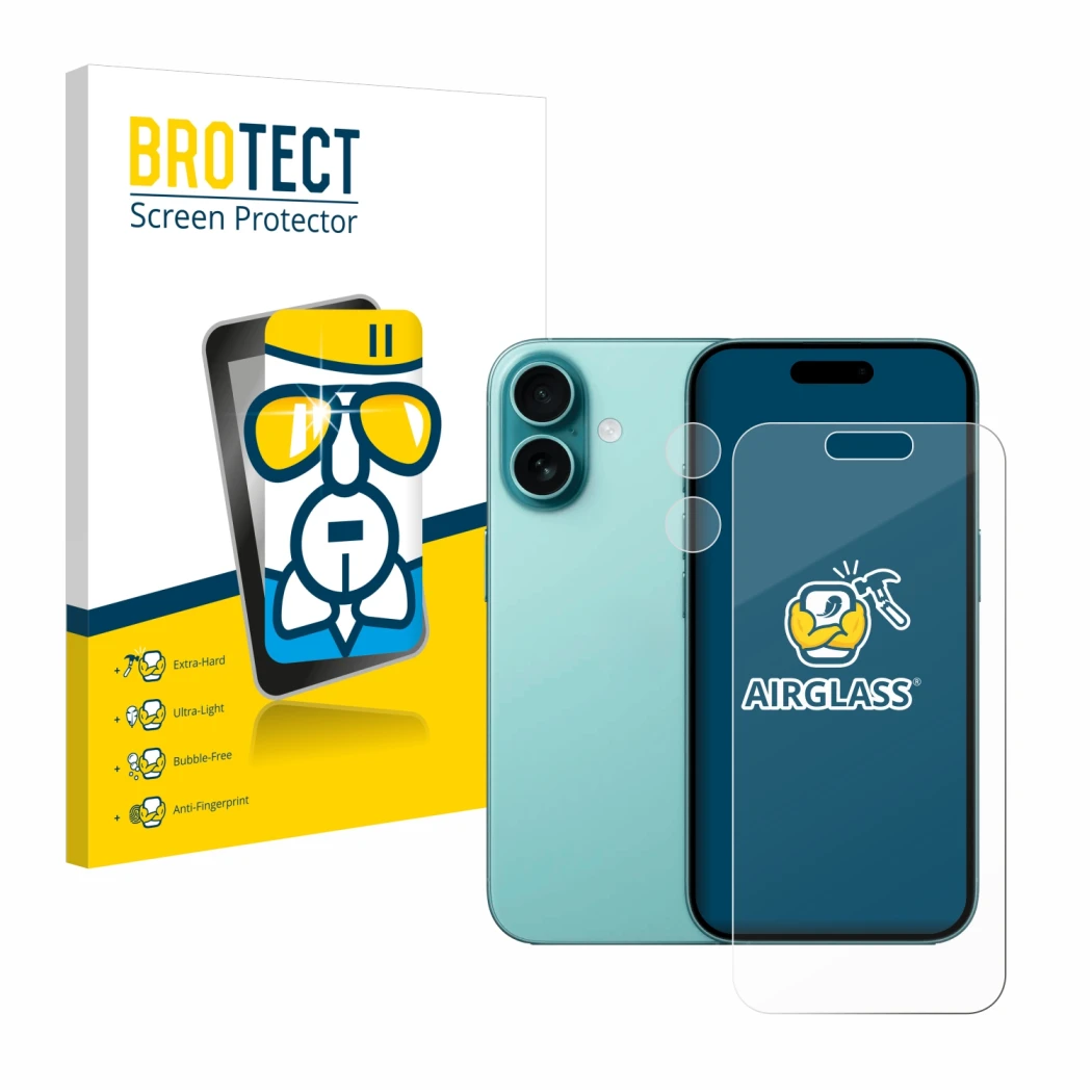 Parte frontale di una confezione del prodotto con il logo del marchio BROTECT. Accanto è raffigurato il dispositivo Apple iPho