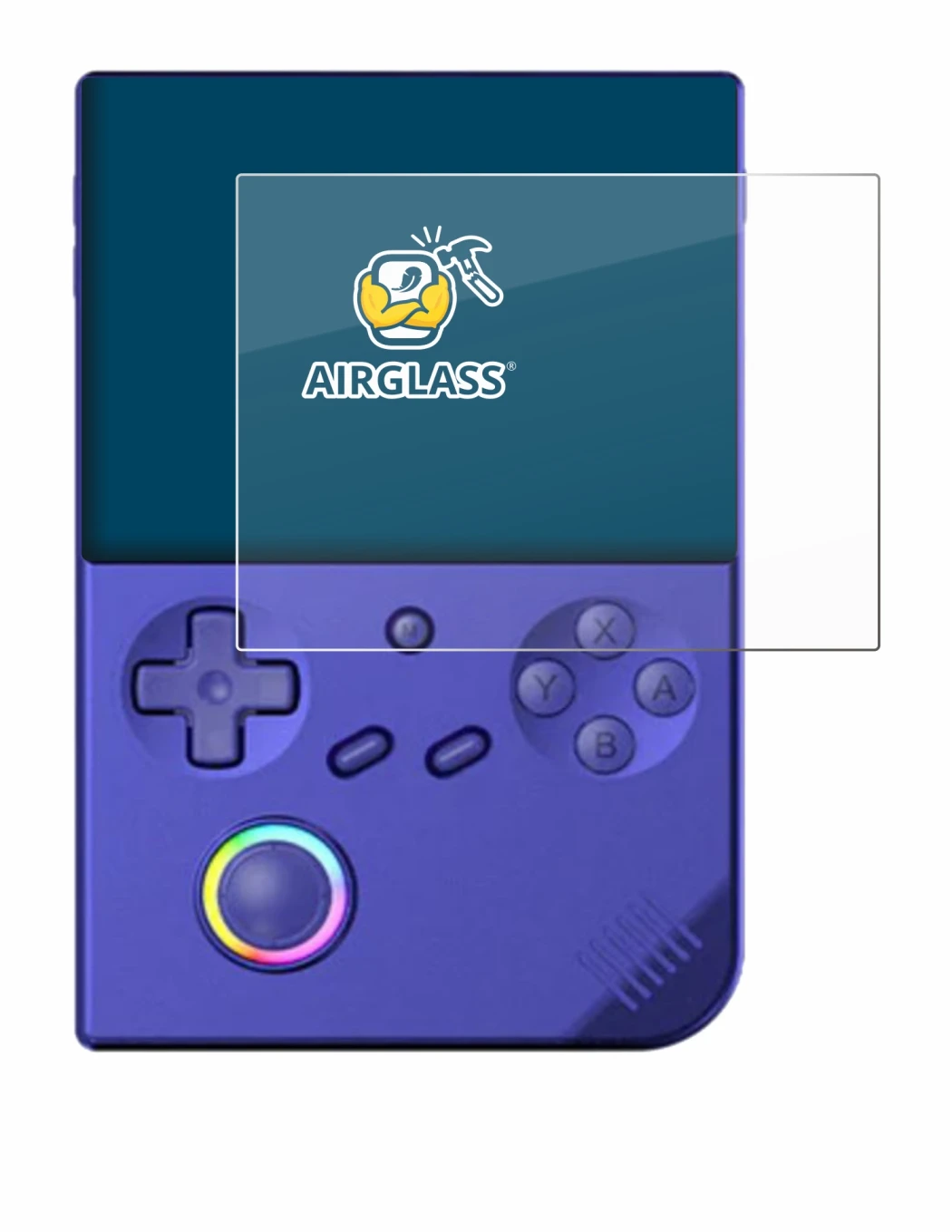 Immagine del dispositivo Anbernic RG40XXV con un'ampia varietà di protezioni per lo schermo.
