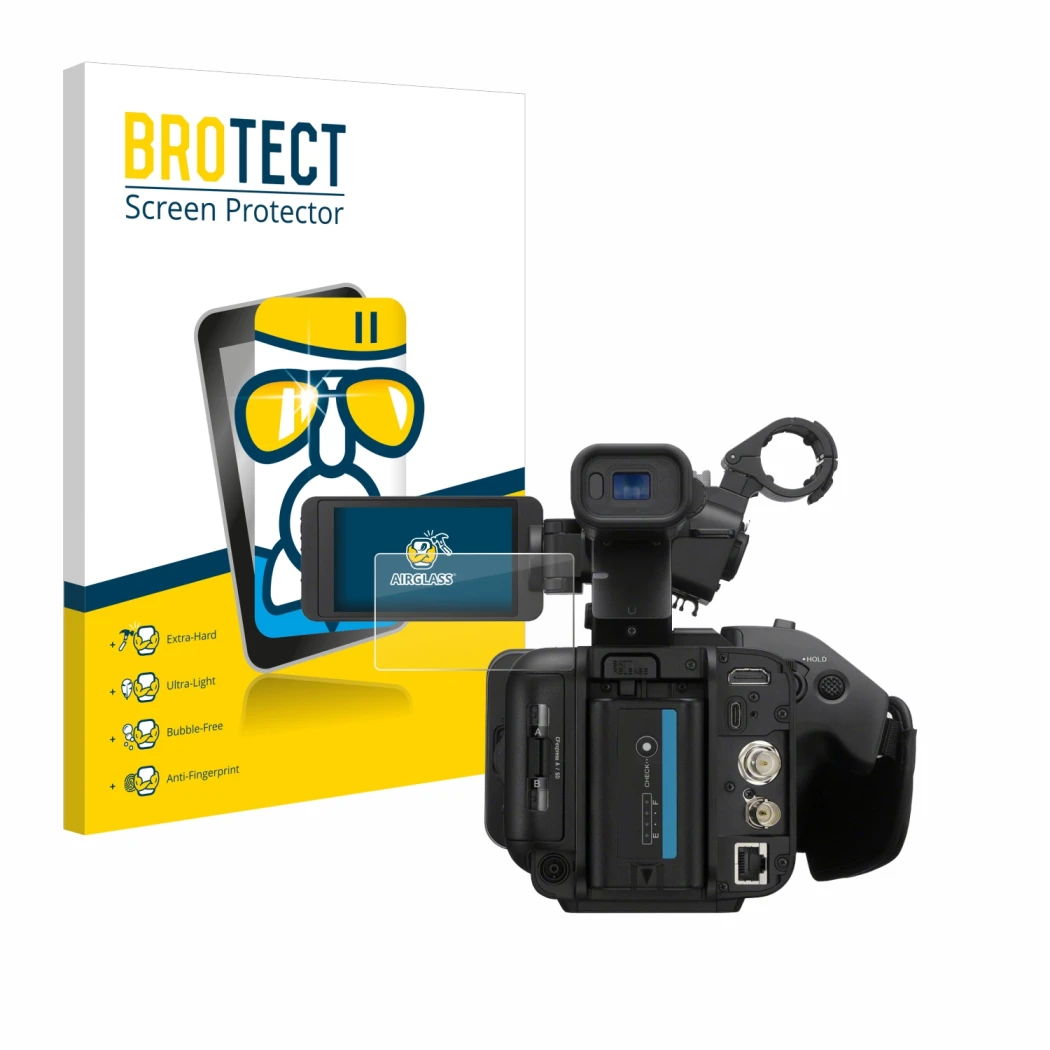 Parte frontale di una confezione del prodotto con il logo del marchio BROTECT. Accanto è raffigurato il dispositivo Sony PXW-Z