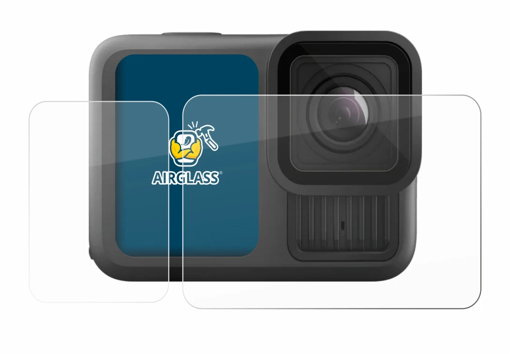 Immagine del dispositivo GoPro Hero 13 Black con un'ampia varietà di protezioni per lo schermo.