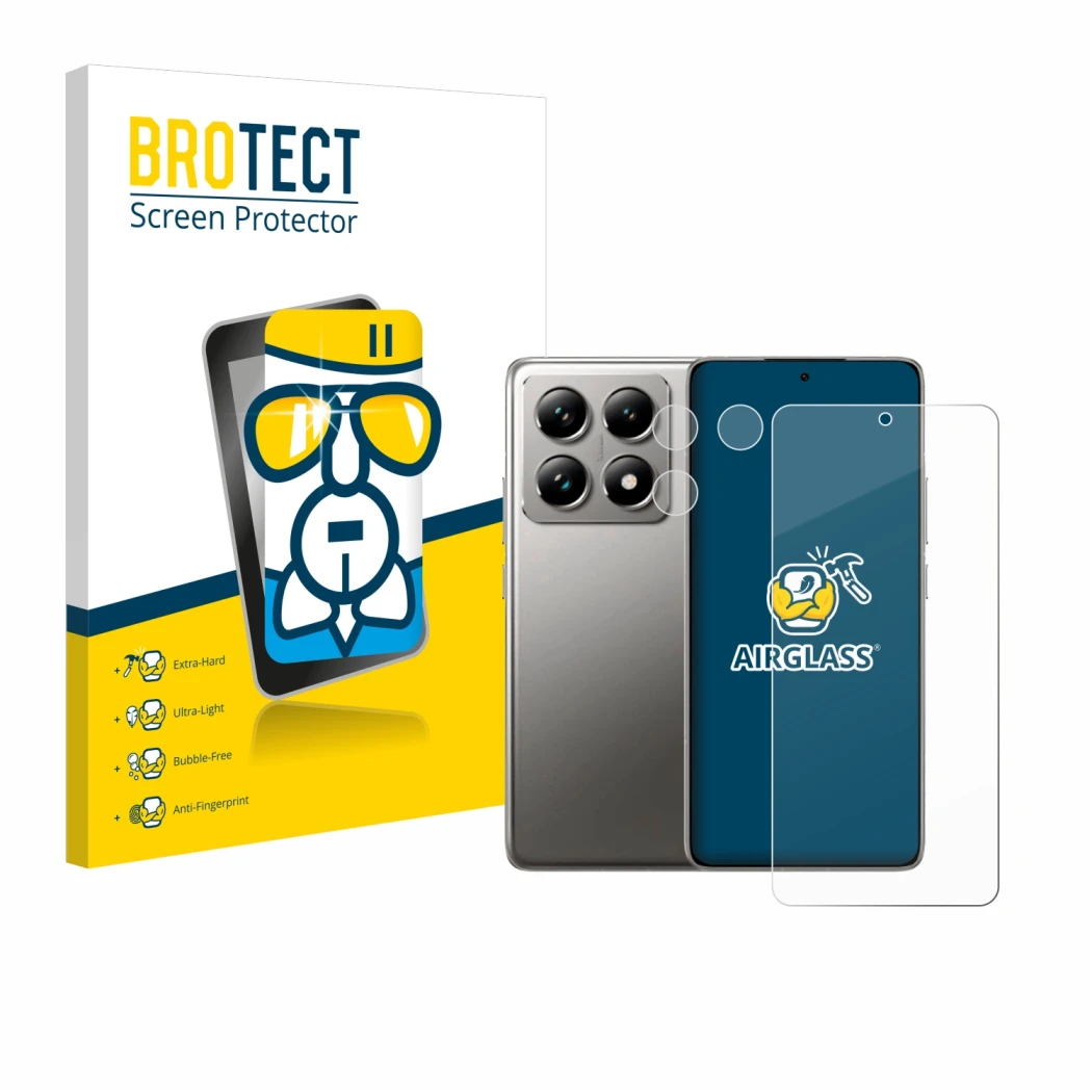 Parte frontale di una confezione del prodotto con il logo del marchio BROTECT. Accanto è raffigurato il dispositivo Xiaomi 14T