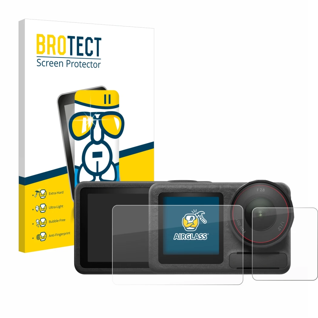 Parte frontale di una confezione del prodotto con il logo del marchio BROTECT. Accanto è raffigurato il dispositivo DJI Osmo A