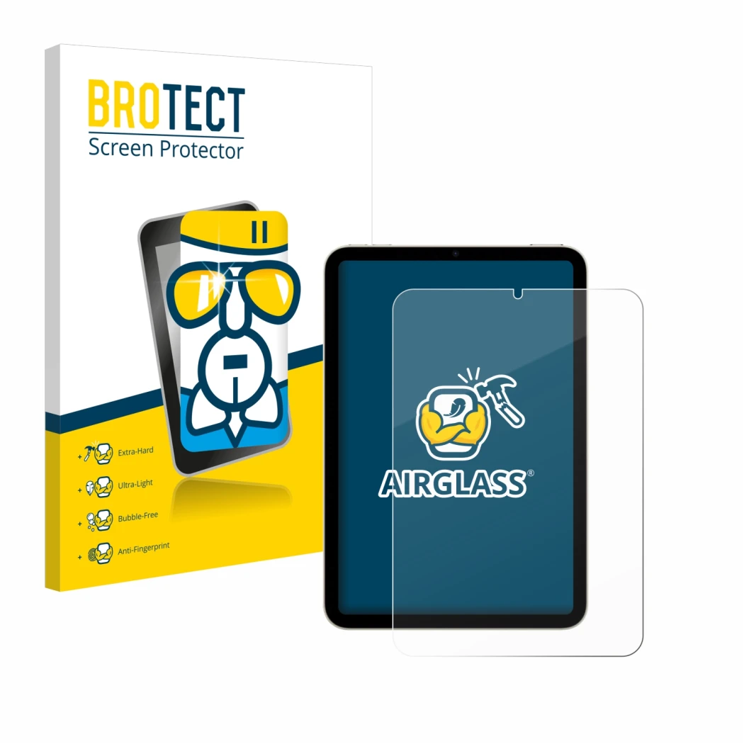 Parte frontale di una confezione del prodotto con il logo del marchio BROTECT. Accanto è raffigurato il dispositivo Apple iPad