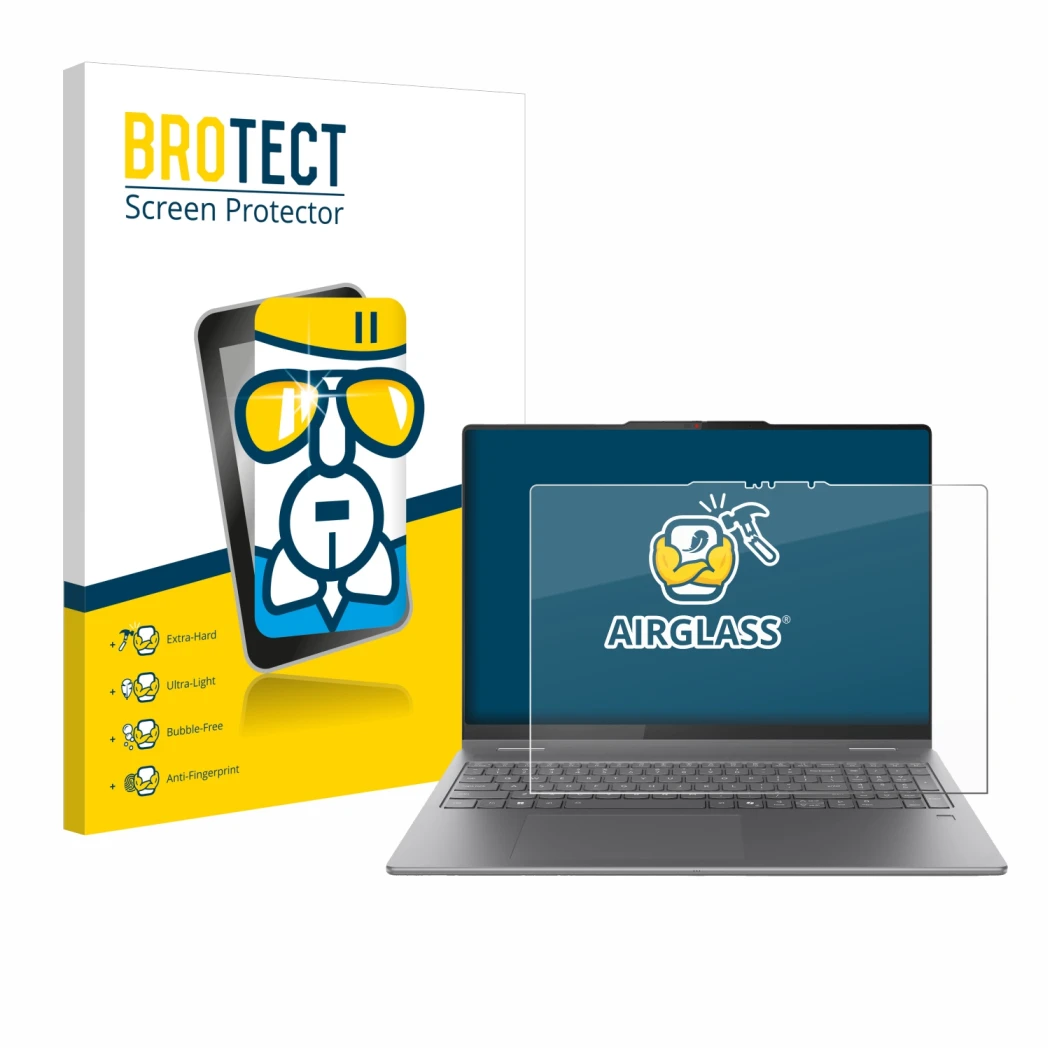 Parte frontale di una confezione del prodotto con il logo del marchio BROTECT. Accanto è raffigurato il dispositivo Lenovo Yog