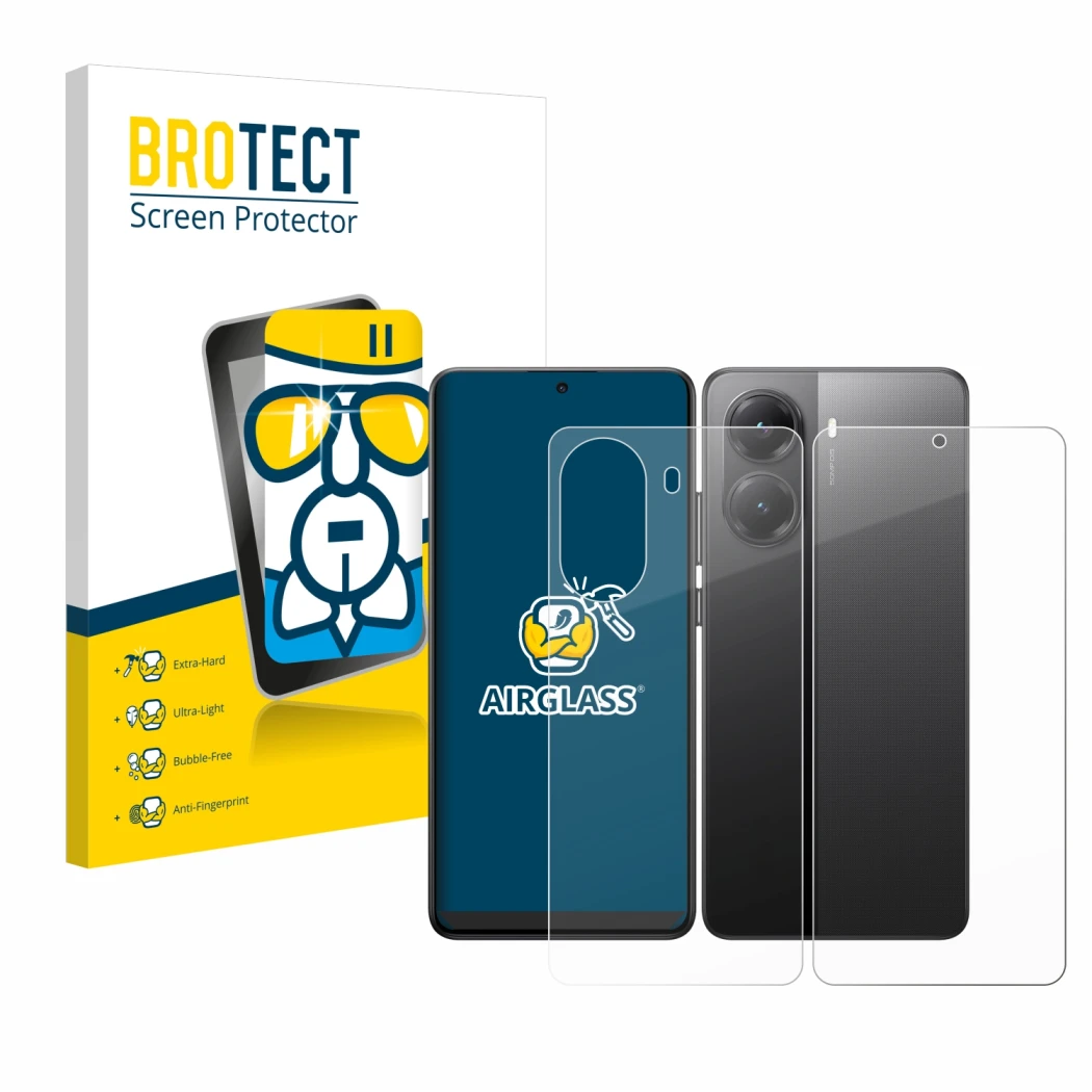 Parte frontale di una confezione del prodotto con il logo del marchio BROTECT. Accanto è raffigurato il dispositivo Xiaomi Poc