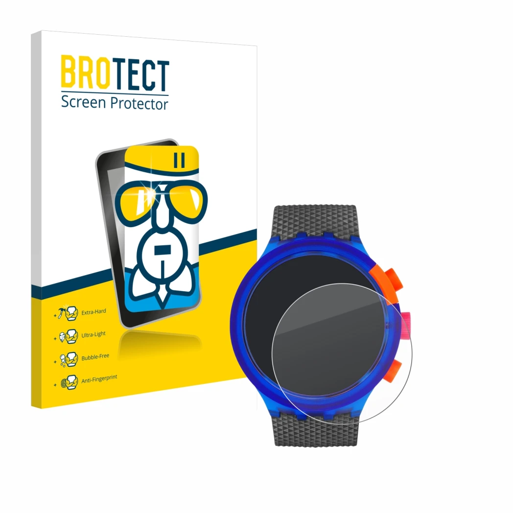 Parte frontale di una confezione del prodotto con il logo del marchio BROTECT. Accanto è raffigurato il dispositivo Swatch Neo