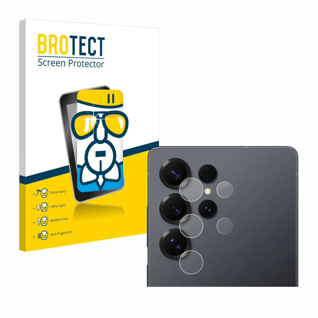 Parte frontale di una confezione del prodotto con il logo del marchio BROTECT. Accanto è raffigurato il dispositivo Samsung Ga