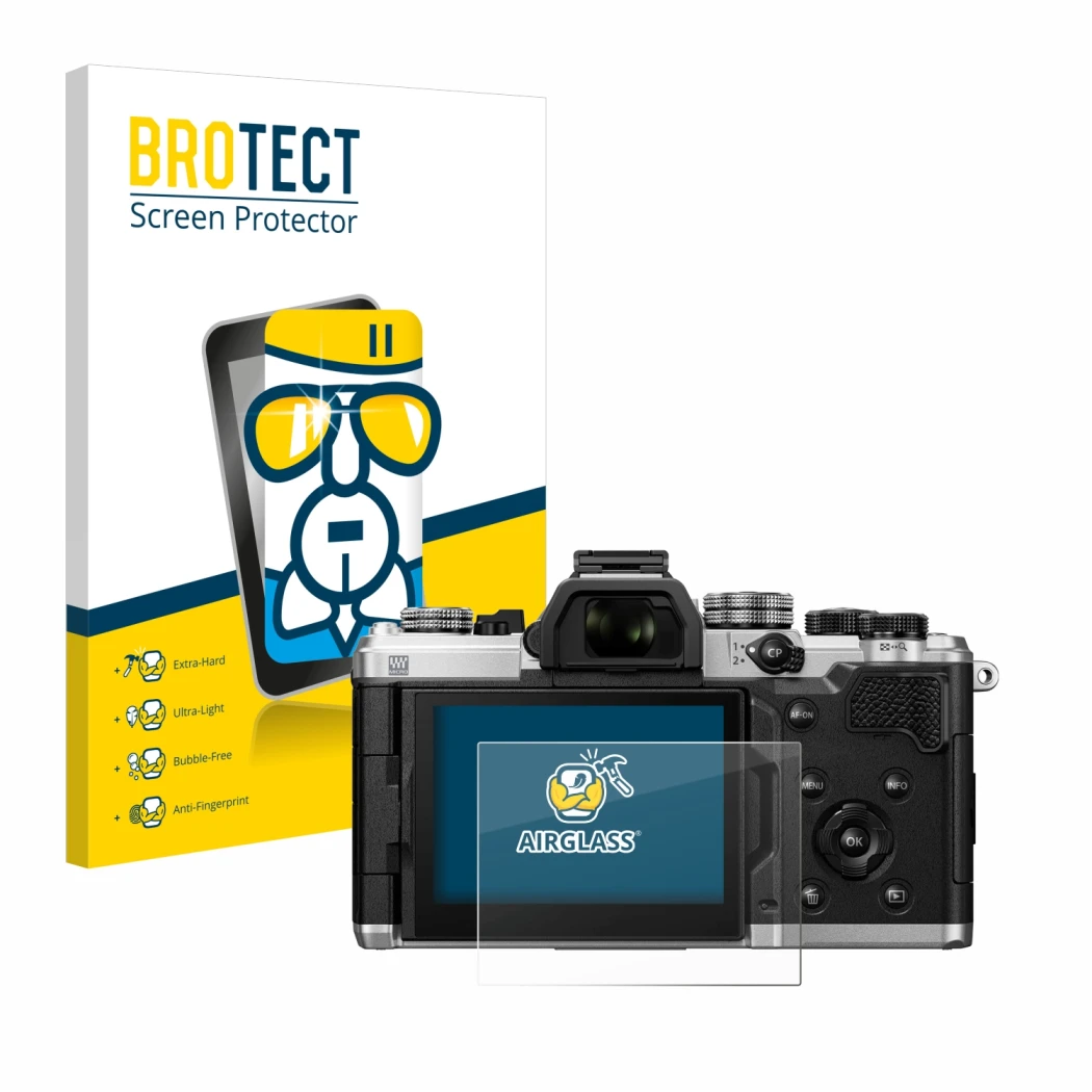 Parte frontale di una confezione del prodotto con il logo del marchio BROTECT. Accanto è raffigurato il dispositivo OM System