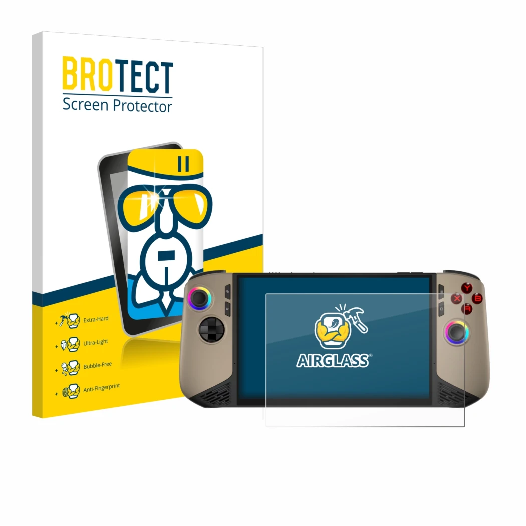 Parte frontale di una confezione del prodotto con il logo del marchio BROTECT. Accanto è raffigurato il dispositivo MSI Claw 8