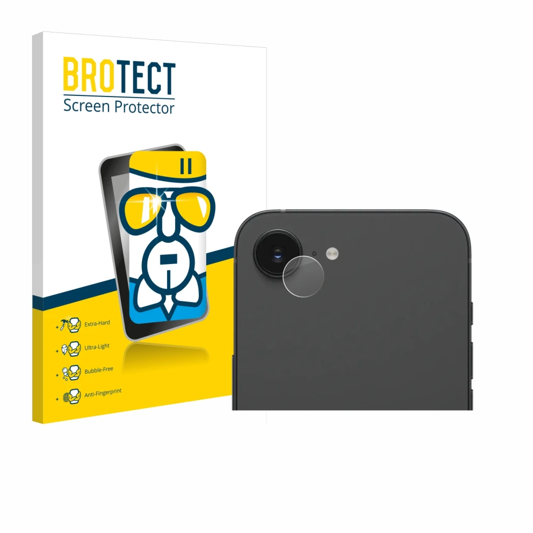 Parte frontale di una confezione del prodotto con il logo del marchio BROTECT. Accanto è raffigurato il dispositivo Apple iPho