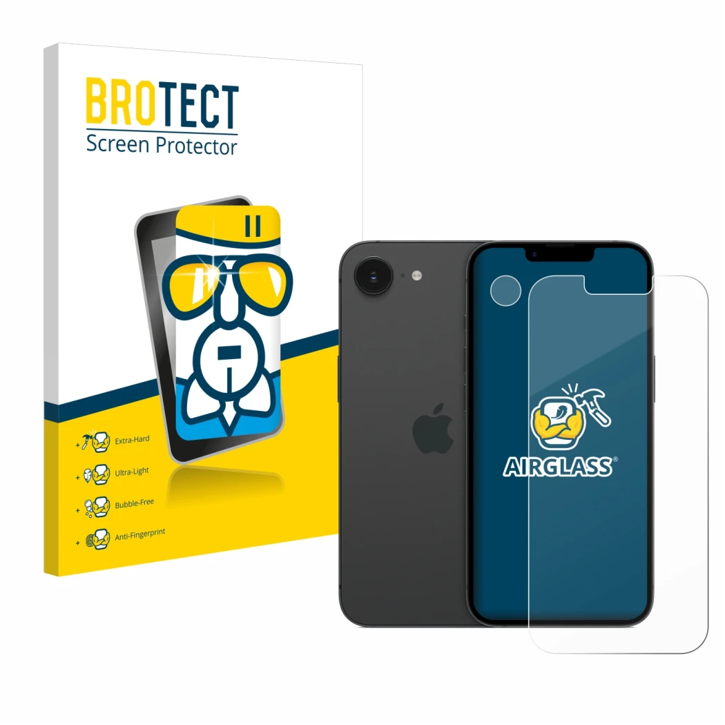 Parte frontale di una confezione del prodotto con il logo del marchio BROTECT. Accanto è raffigurato il dispositivo Apple iPho