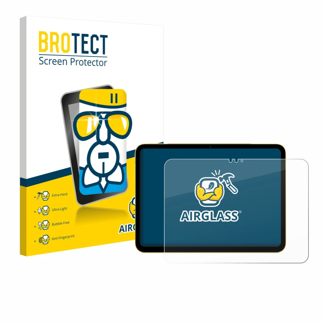 Parte frontale di una confezione del prodotto con il logo del marchio BROTECT. Accanto è raffigurato il dispositivo Apple iPad