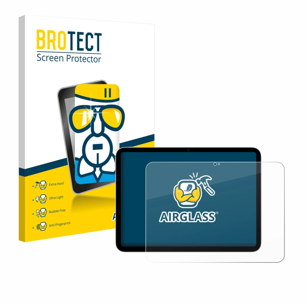 Parte frontale di una confezione del prodotto con il logo del marchio BROTECT. Accanto è raffigurato il dispositivo Apple iPad