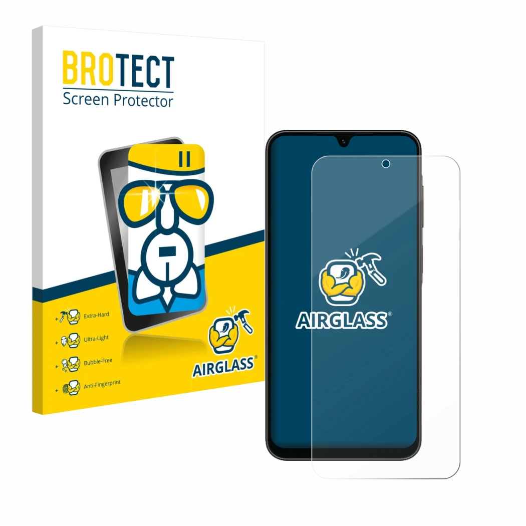 Parte frontale di una confezione del prodotto con il logo del marchio BROTECT. Accanto è raffigurato il dispositivo Samsung Ga