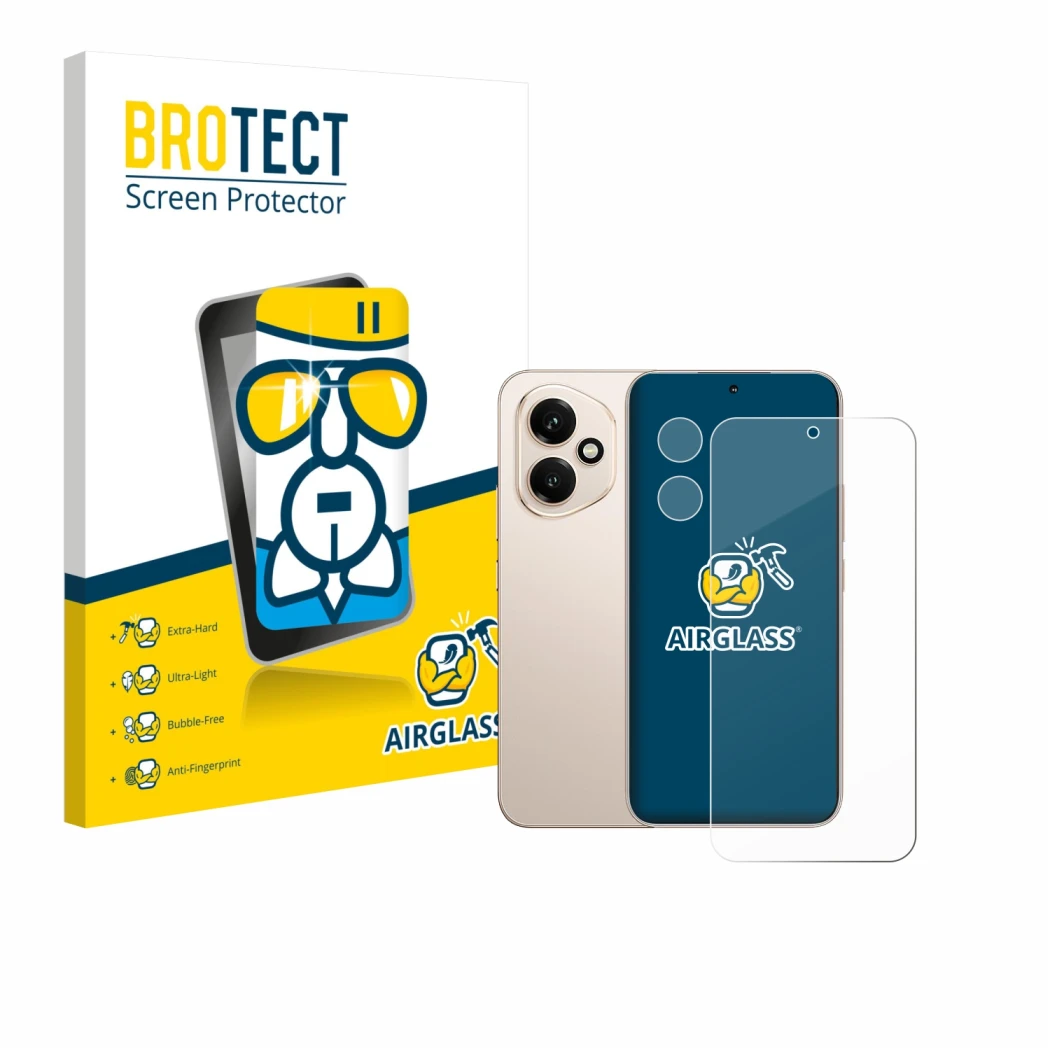 Parte frontale di una confezione del prodotto con il logo del marchio BROTECT. Accanto è raffigurato il dispositivo Honor 400 