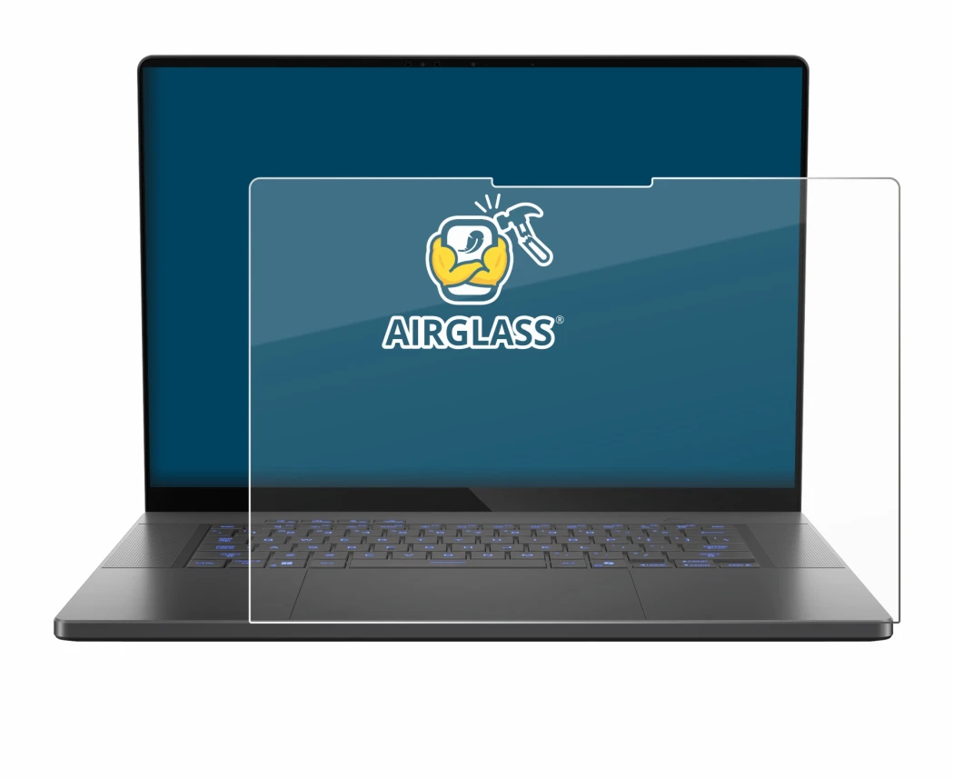 Immagine del dispositivo ASUS ROG Zephyrus G16 2025 con un'ampia varietà di protezioni per lo schermo.