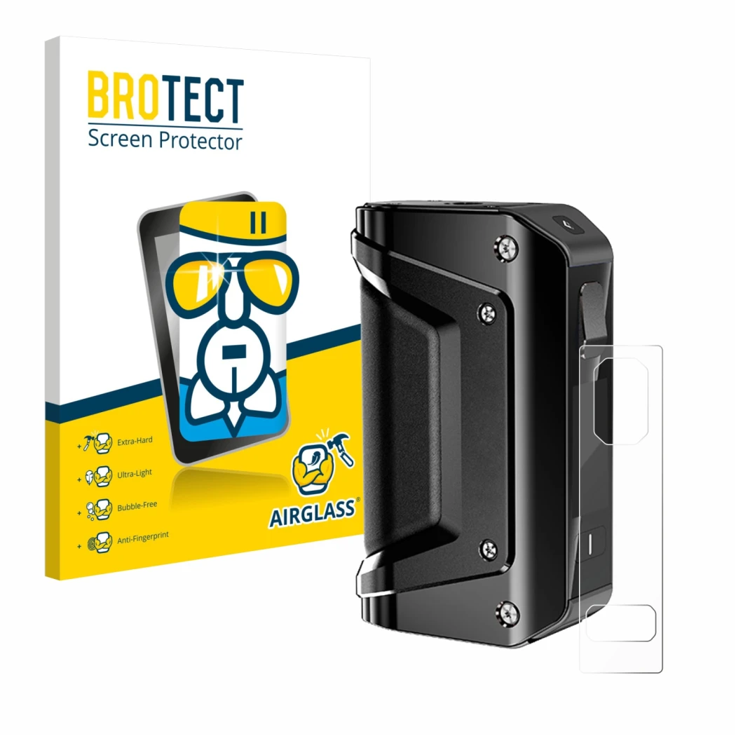 Parte frontale di una confezione del prodotto con il logo del marchio BROTECT. Accanto è raffigurato il dispositivo GeekVape A