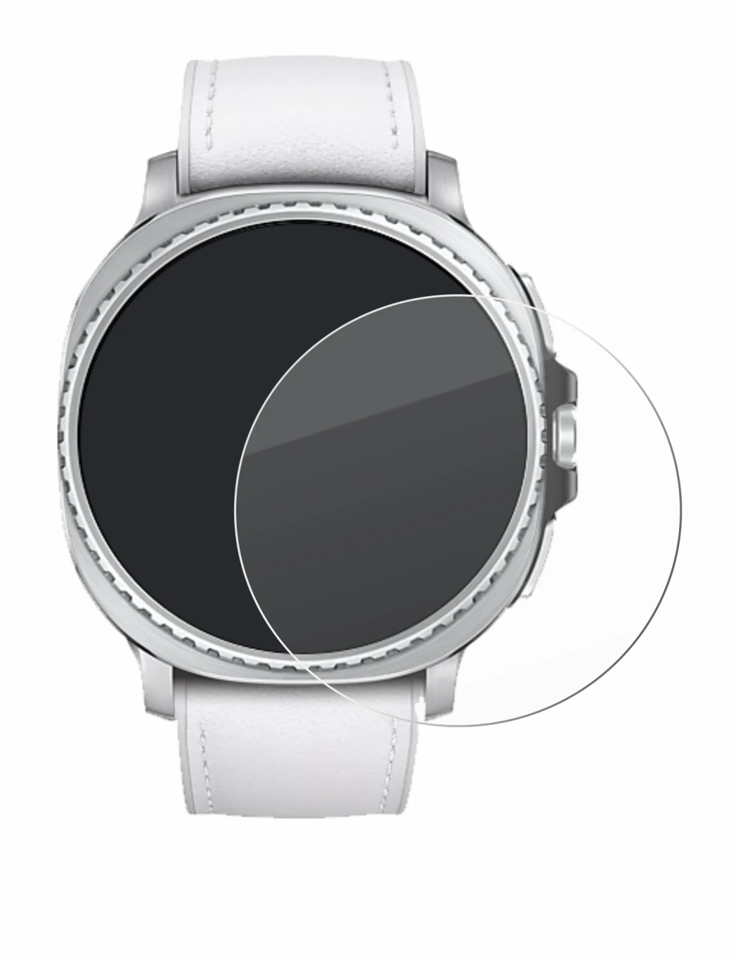 Immagine del dispositivo Samsung Galaxy Watch 8 Classic (46 mm) con un'ampia varietà di protezioni per lo schermo.