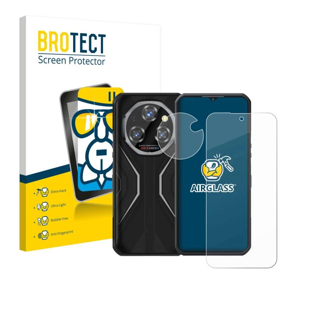 Parte frontale di una confezione del prodotto con il logo del marchio BROTECT. Accanto è raffigurato il dispositivo Oukitel WP