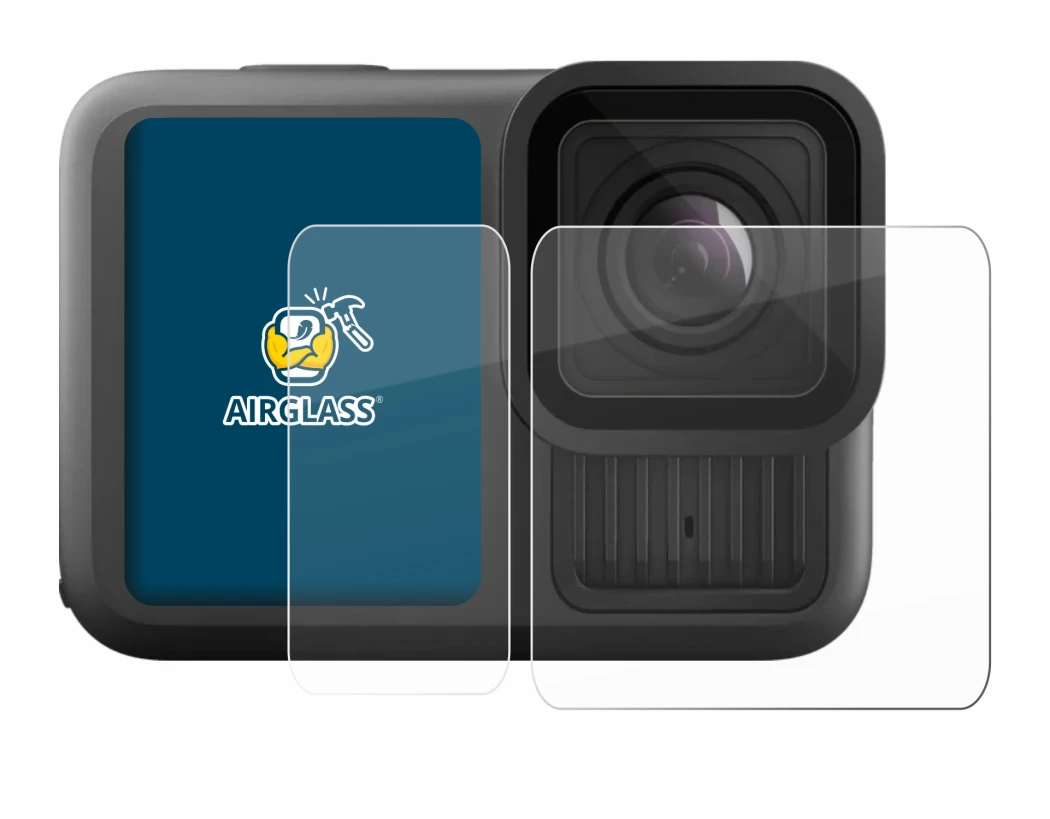 Immagine del dispositivo GoPro Hero 13 Black Ultra Wide Edition con un'ampia varietà di protezioni per lo schermo.