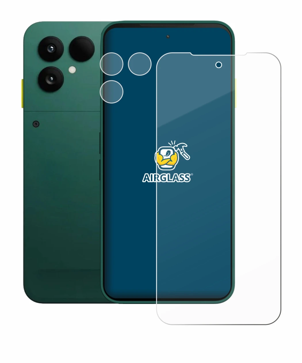 Immagine del dispositivo Fairphone 6 (Fronte+Fotocamera) con un'ampia varietà di protezioni per lo schermo.
