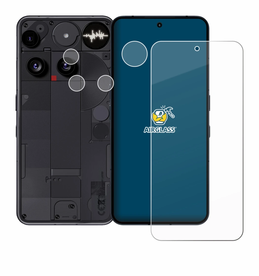 Immagine del dispositivo Nothing Phone (3) (Fronte+Fotocamera) con un'ampia varietà di protezioni per lo schermo.