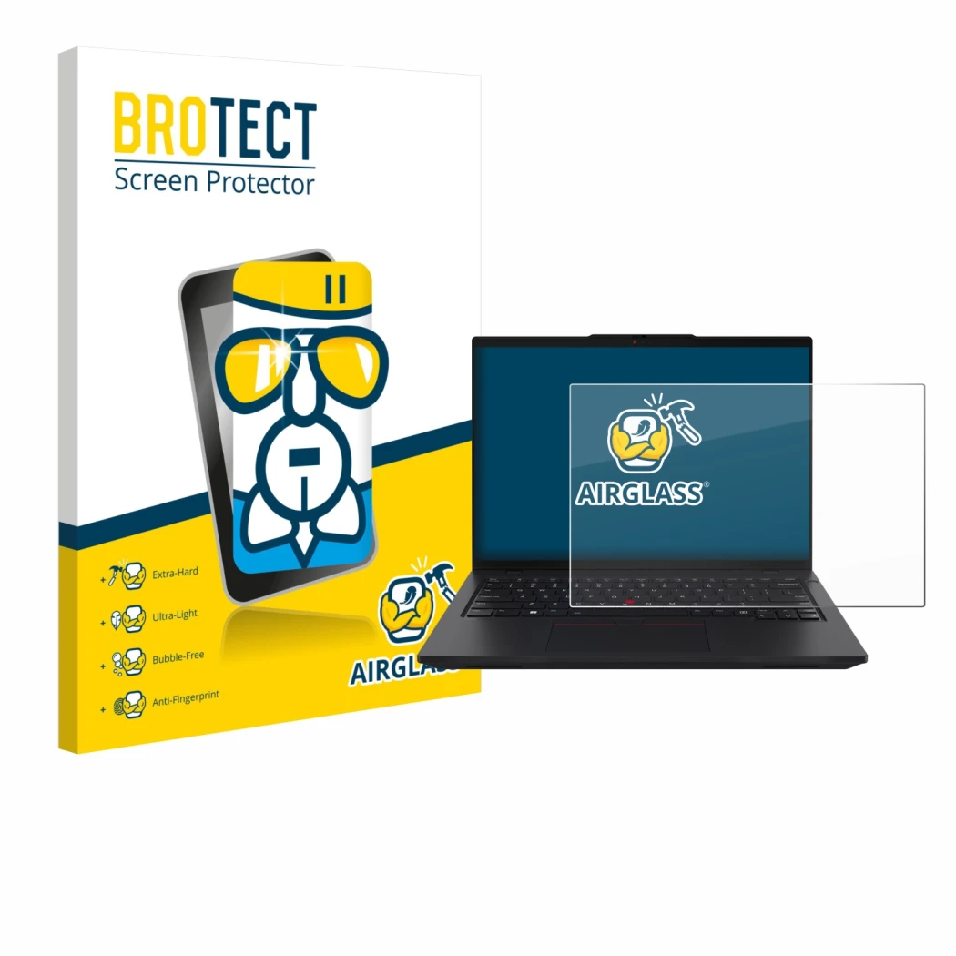 Parte frontale di una confezione del prodotto con il logo del marchio BROTECT. Accanto è raffigurato il dispositivo Lenovo Thi