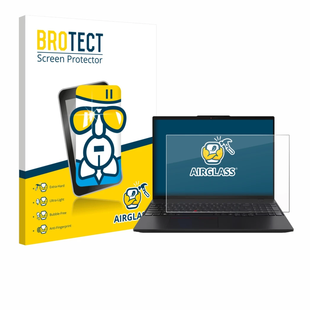 Parte frontale di una confezione del prodotto con il logo del marchio BROTECT. Accanto è raffigurato il dispositivo Lenovo Thi