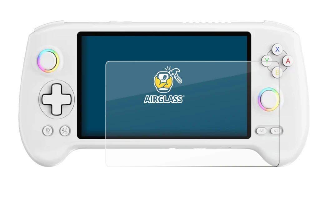 Immagine del dispositivo Anbernic RG557 con un'ampia varietà di protezioni per lo schermo.