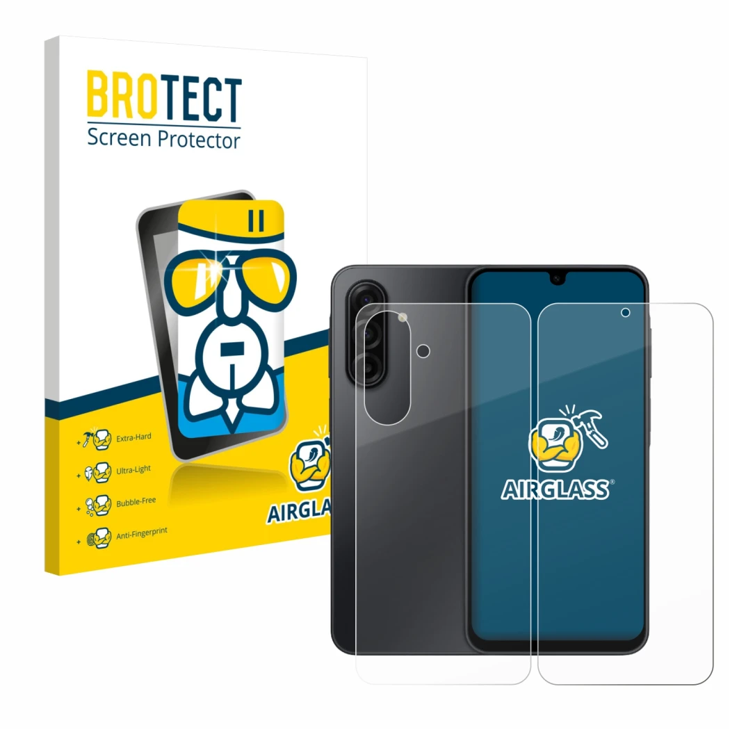 Parte frontale di una confezione del prodotto con il logo del marchio BROTECT. Accanto è raffigurato il dispositivo Samsung Ga