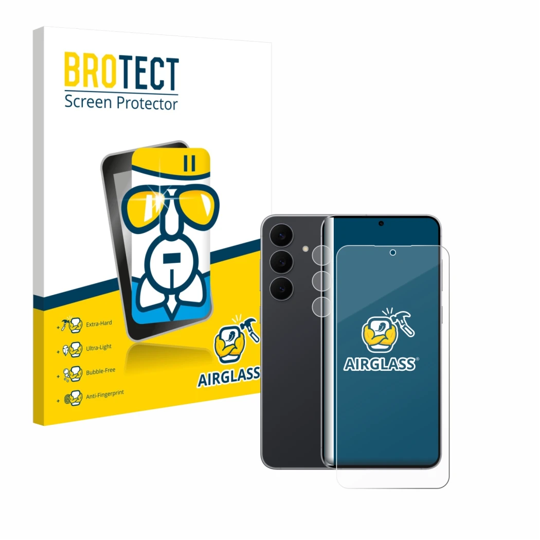 Parte frontale di una confezione del prodotto con il logo del marchio BROTECT. Accanto è raffigurato il dispositivo Samsung Ga