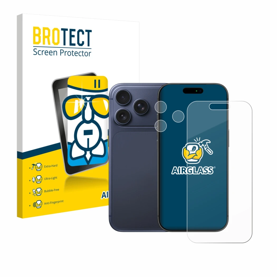 Parte frontale di una confezione del prodotto con il logo del marchio BROTECT. Accanto è raffigurato il dispositivo Apple iPho