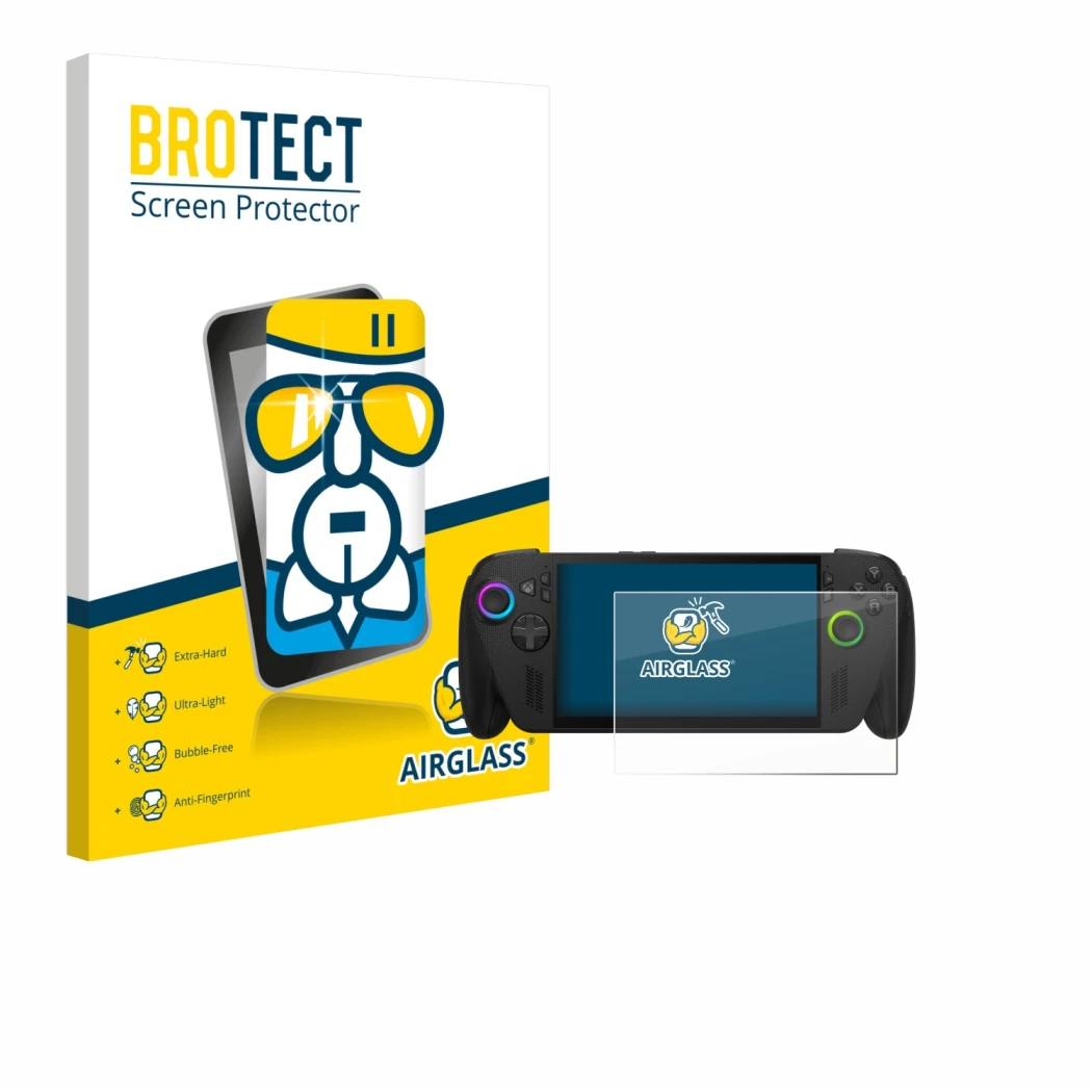 Parte frontale di una confezione del prodotto con il logo del marchio BROTECT. Accanto è raffigurato il dispositivo ASUS ROG A