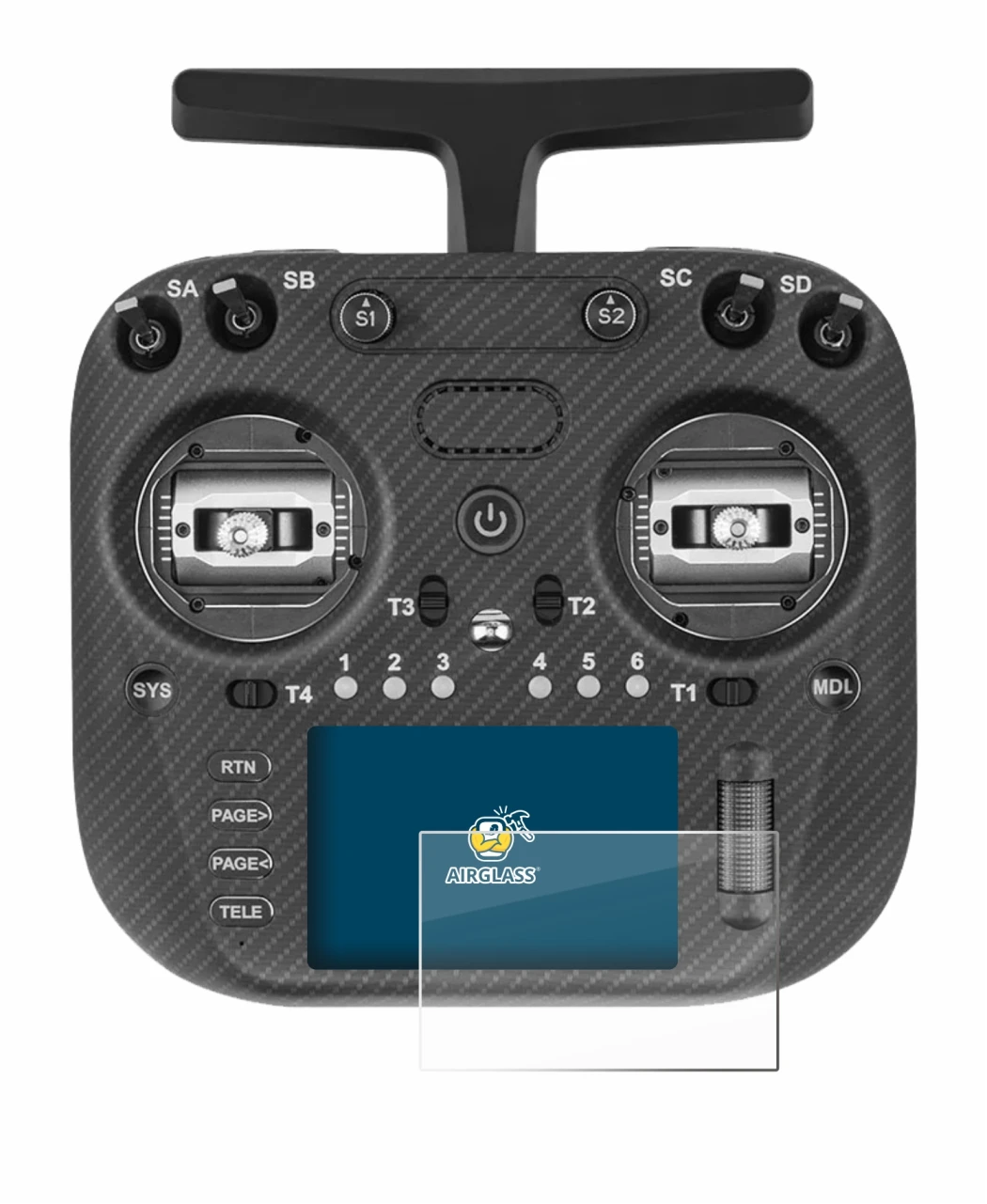 Immagine del dispositivo Radiomaster TX15 Max con un'ampia varietà di protezioni per lo schermo.