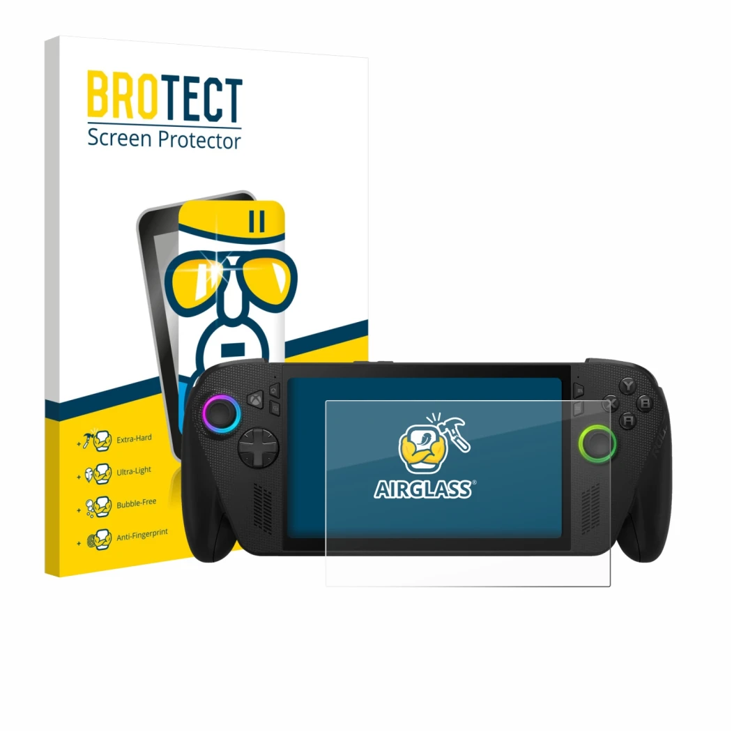 Parte frontale di una confezione del prodotto con il logo del marchio BROTECT. Accanto è raffigurato il dispositivo ASUS ROG X